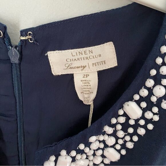 Charter Club Women’s Beaded Slit V Neck Blue Linen Mini Slip Dress size 2P - Picture 3 of 3